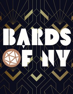 Graphic design featuring the text 'BARDS OF NY' in large, bold letters with a geometric pattern background in dark and gold tones.