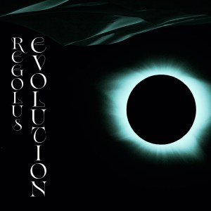 Abstract design featuring a black circle with a glowing blue aura, accompanied by the text 'Regulus Evolution' in a stylized font.